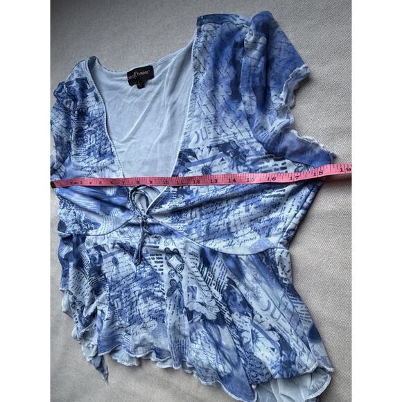 Y2K Fairycore Sz Lrg Flowy Babydoll Top Floral Lace Trim Blue Butterfly Peplum - Picture 8 of 9